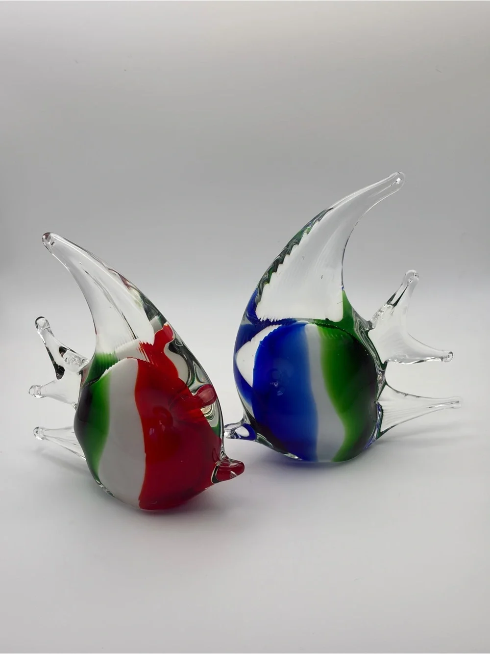 Pair Hand Blown Art Glass Angelfish Figurines Red Blue Green Clear Unsigned